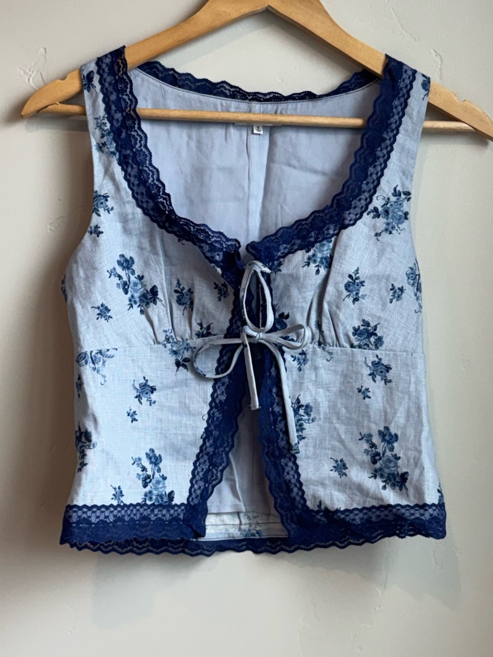Reformation Light Blue Floral Lace-Trim Camisole with Navy Accents